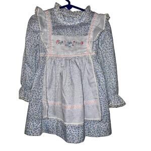 Vintage Prairie cottage core Apron Dress Blue  Floral Longsleeve girls dress 4T